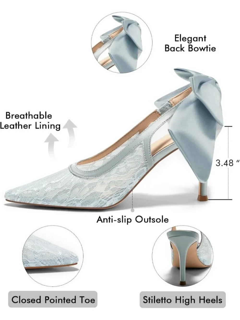 Women's Blue Slingback High Heels Bow Closed Pointed Toe Lace Patchwork Shoes